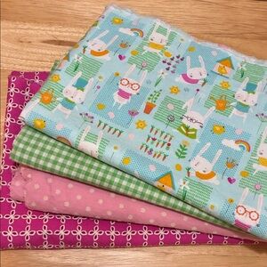 Colorful Fabric Bundle with Bunny Print, pink prints and green gingham
